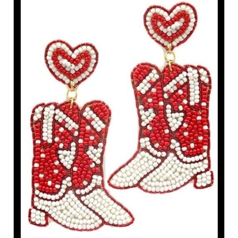 VALENTINES DAY COWBOY OR COWGIRL BOOT RED AND WHITE SEED BEAD DANGLE‎ EARRINGS